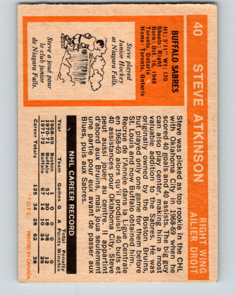 1972-73 O-Pee-Chee #40 Steve Atkinson  Buffalo Sabres  V3381