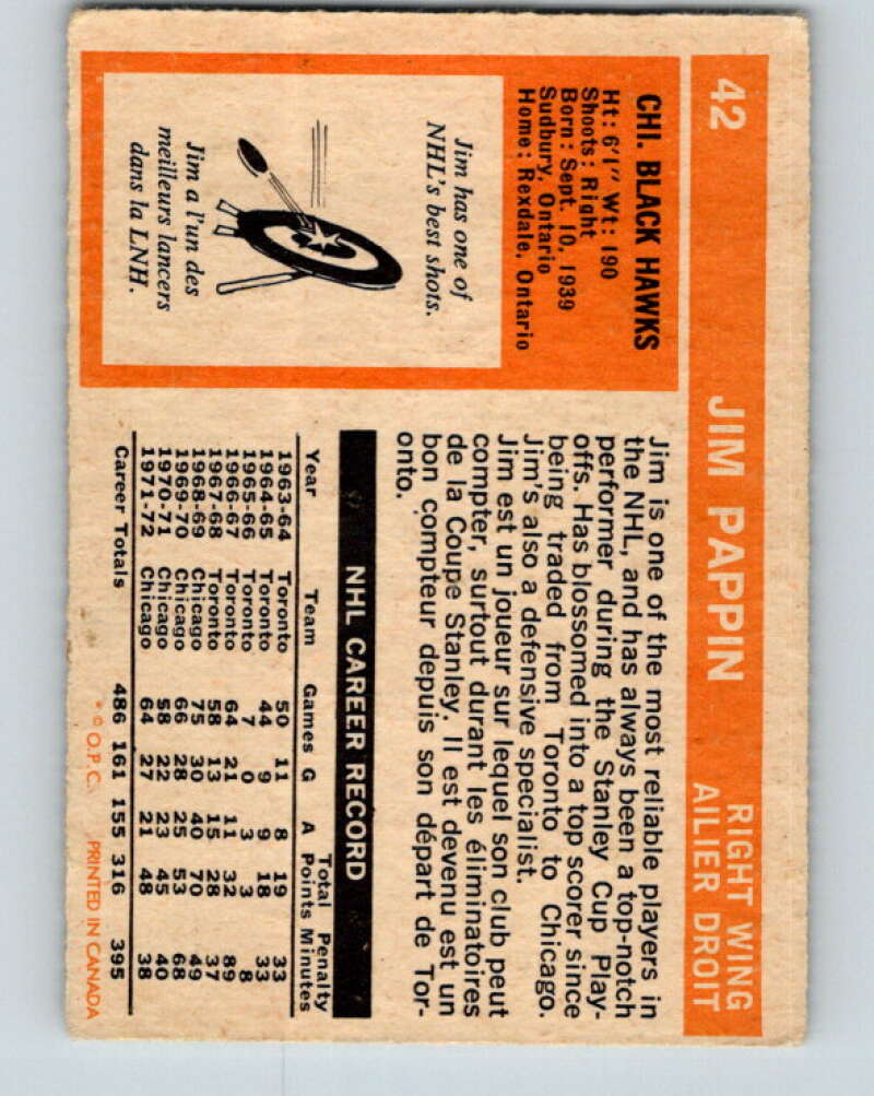 1972-73 O-Pee-Chee #42 Jim Pappin  Chicago Blackhawks  V3386