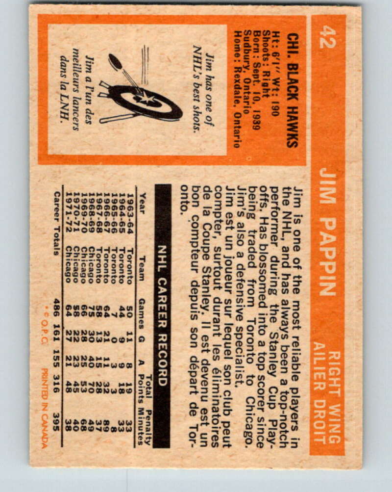 1972-73 O-Pee-Chee #42 Jim Pappin  Chicago Blackhawks  V3391