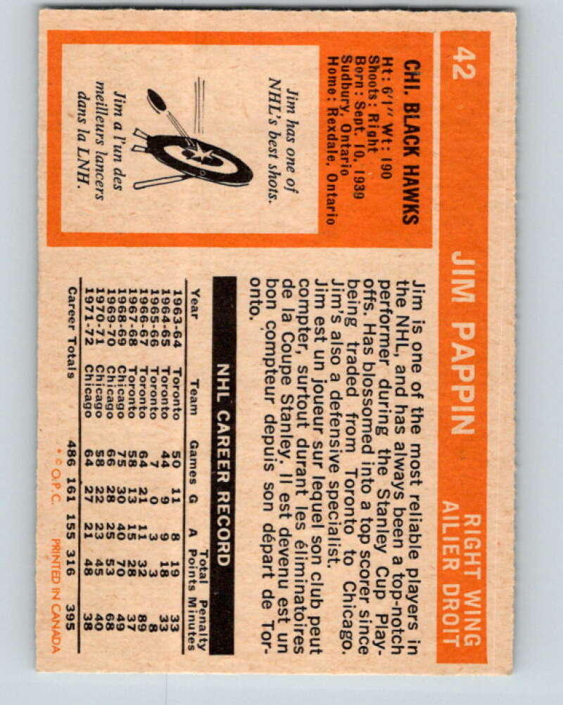 1972-73 O-Pee-Chee #42 Jim Pappin  Chicago Blackhawks  V3393