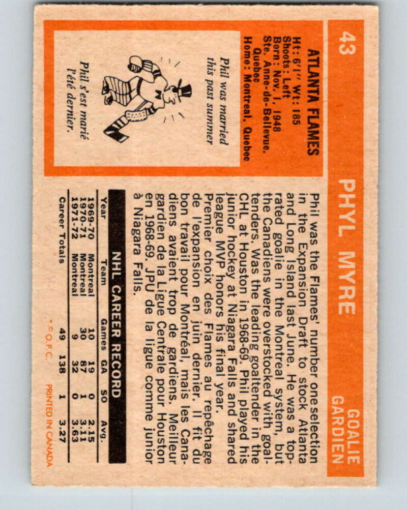 1972-73 O-Pee-Chee #43 Phil Myre  RC Rookie Atlanta Flames  V3394