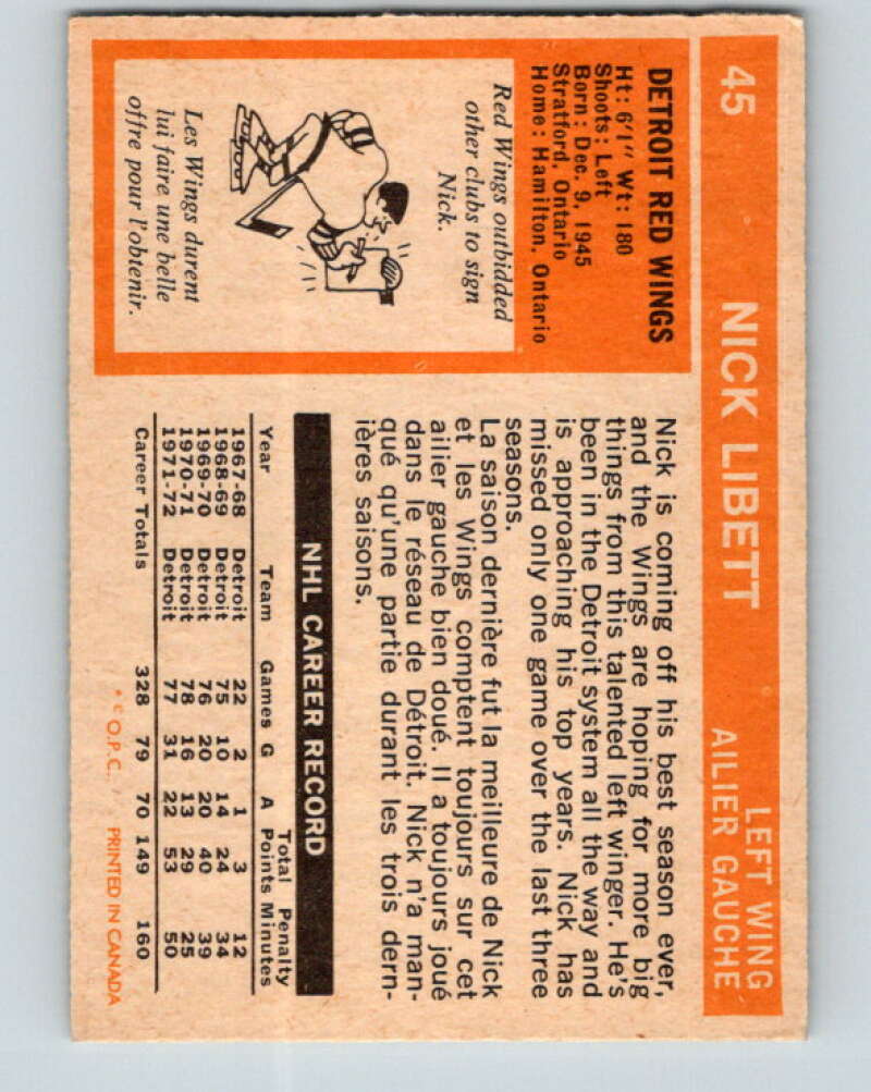 1972-73 O-Pee-Chee #45 Nick Libett  Detroit Red Wings  V3405