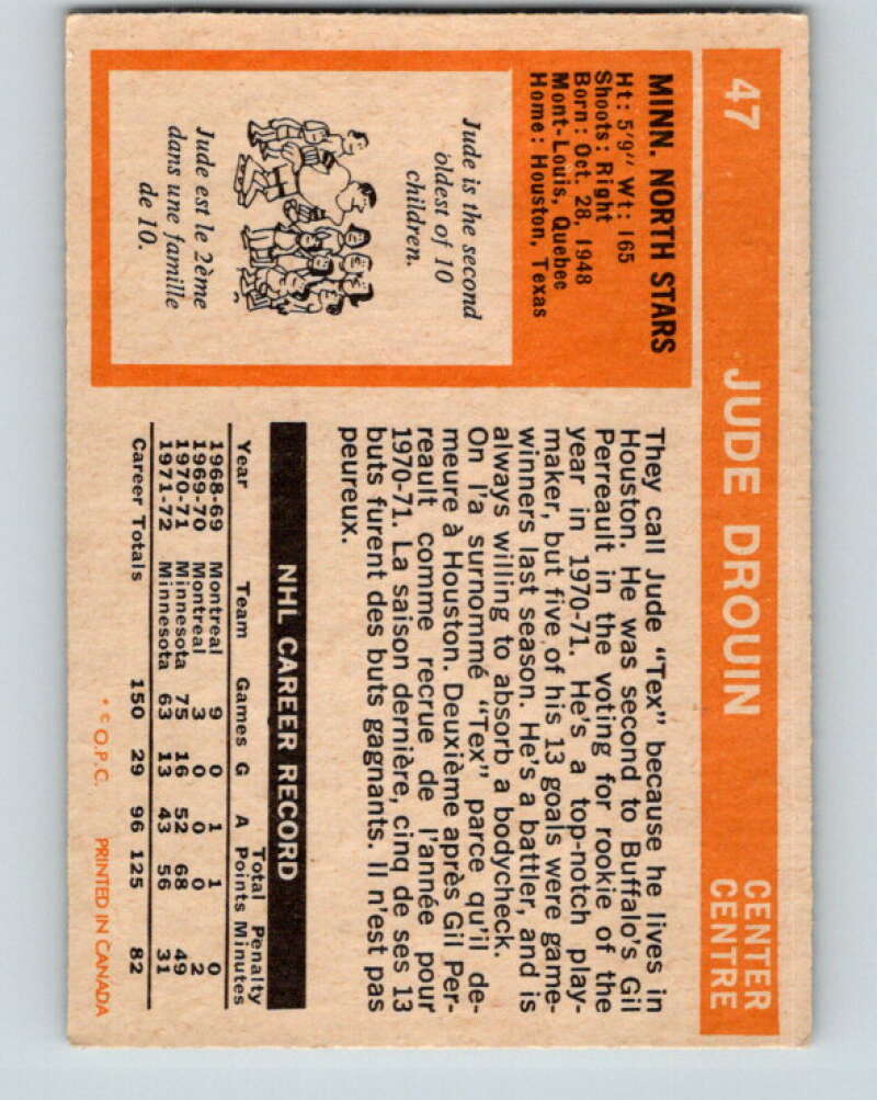 1972-73 O-Pee-Chee #47 Jude Drouin  Minnesota North Stars  V3415