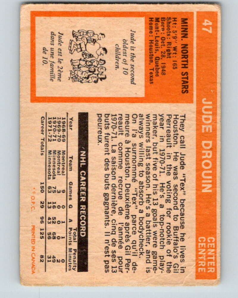 1972-73 O-Pee-Chee #47 Jude Drouin  Minnesota North Stars  V3416