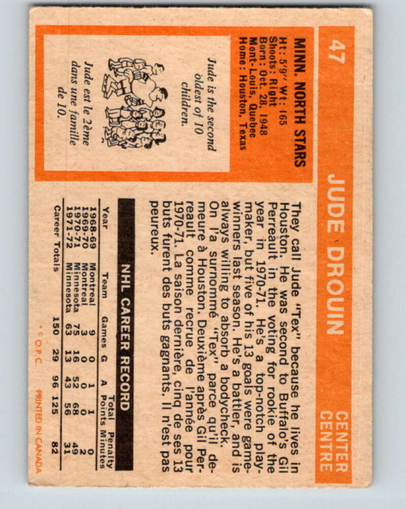 1972-73 O-Pee-Chee #47 Jude Drouin  Minnesota North Stars  V3417