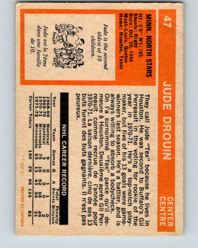 1972-73 O-Pee-Chee #47 Jude Drouin  Minnesota North Stars  V3420