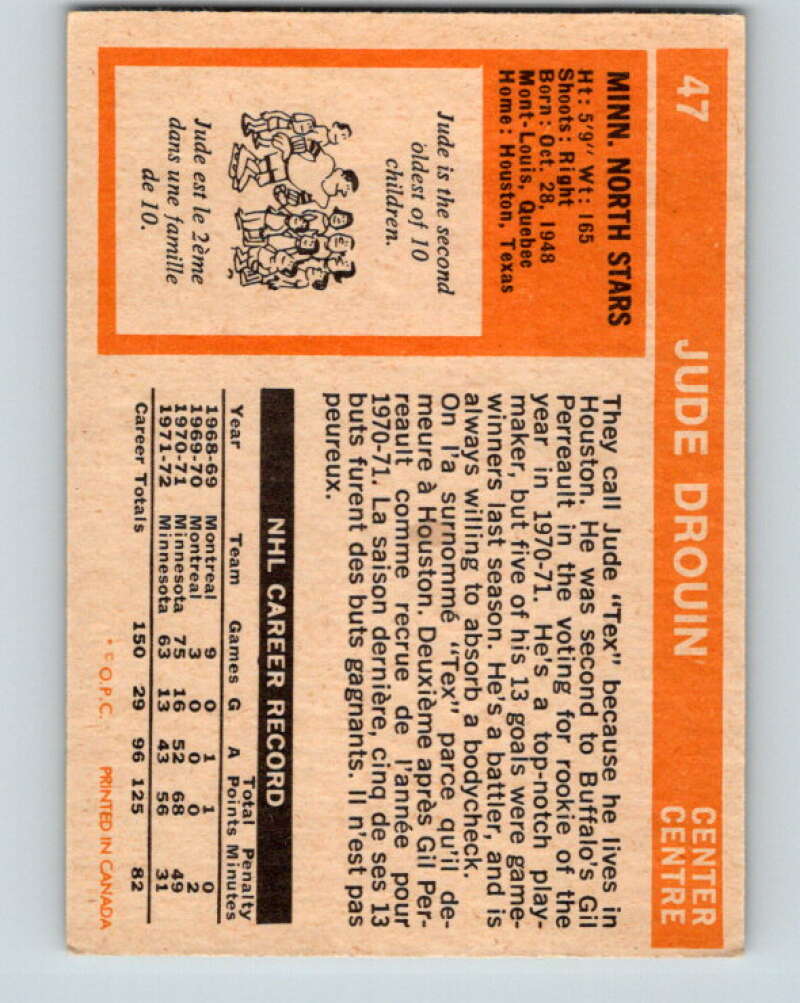 1972-73 O-Pee-Chee #47 Jude Drouin  Minnesota North Stars  V3421