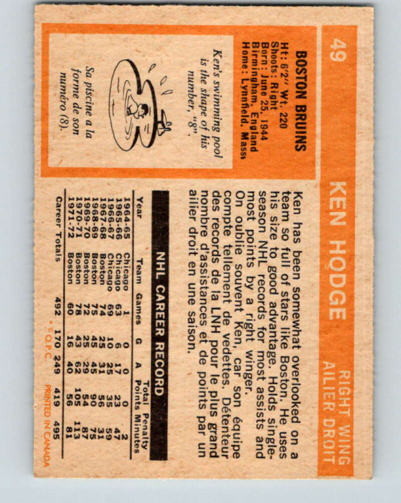 1972-73 O-Pee-Chee #49 Ken Hodge  Boston Bruins  V3434