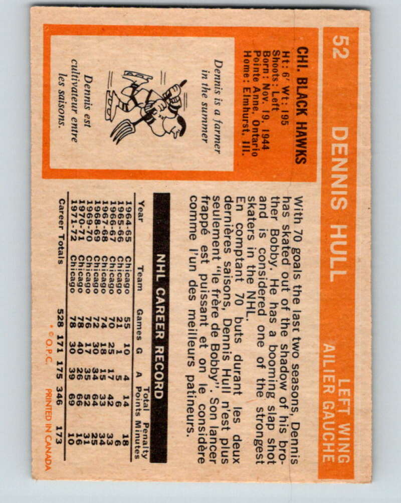 1972-73 O-Pee-Chee #52 Dennis Hull  Chicago Blackhawks  V3456