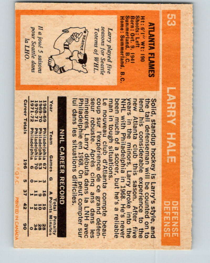 1972-73 O-Pee-Chee #53 Larry Hale  RC Rookie Atlanta Flames  V3458