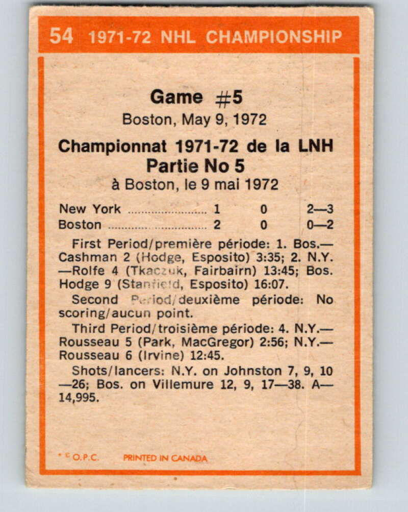 1972-73 O-Pee-Chee #54 Playoff Game 5  New York Rangers/Boston Bruins  V3462