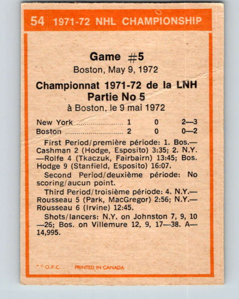 1972-73 O-Pee-Chee #54 Playoff Game 5  New York Rangers/Boston Bruins  V3463
