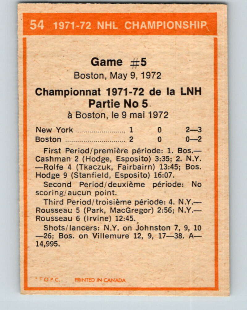 1972-73 O-Pee-Chee #54 Playoff Game 5  New York Rangers/Boston Bruins  V3465