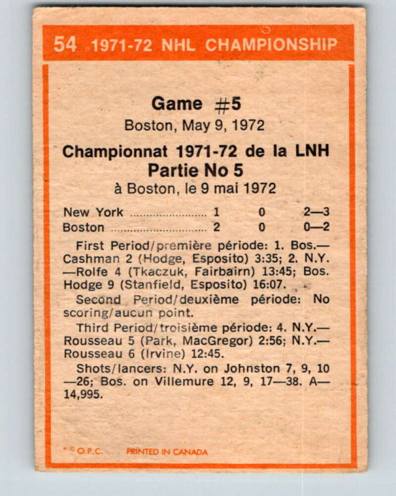 1972-73 O-Pee-Chee #54 Playoff Game 5  New York Rangers/Boston Bruins  V3467