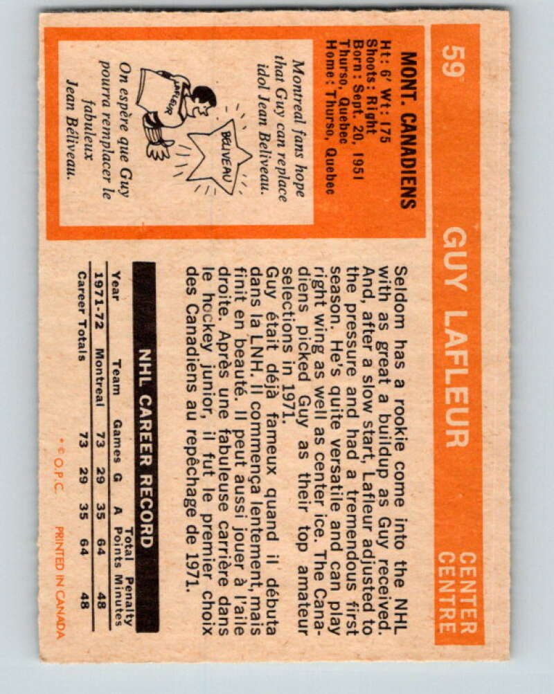 1972-73 O-Pee-Chee #59 Guy Lafleur  Montreal Canadiens  V3504