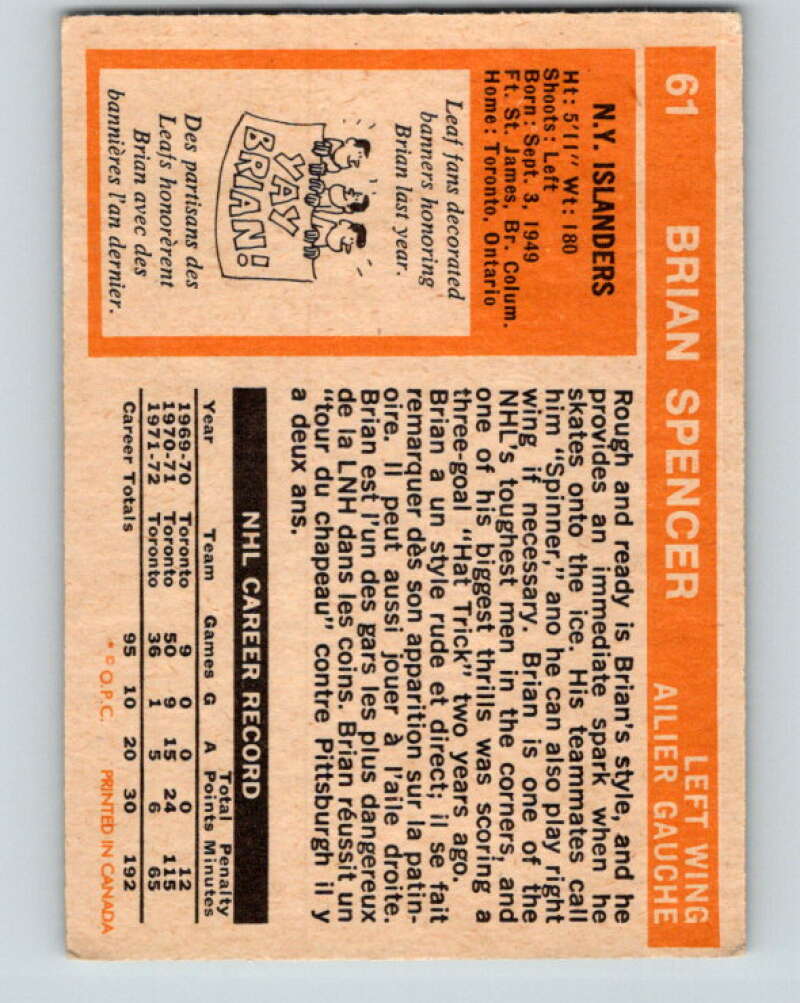 1972-73 O-Pee-Chee #61 Brian Spencer  New York Islanders  V3521