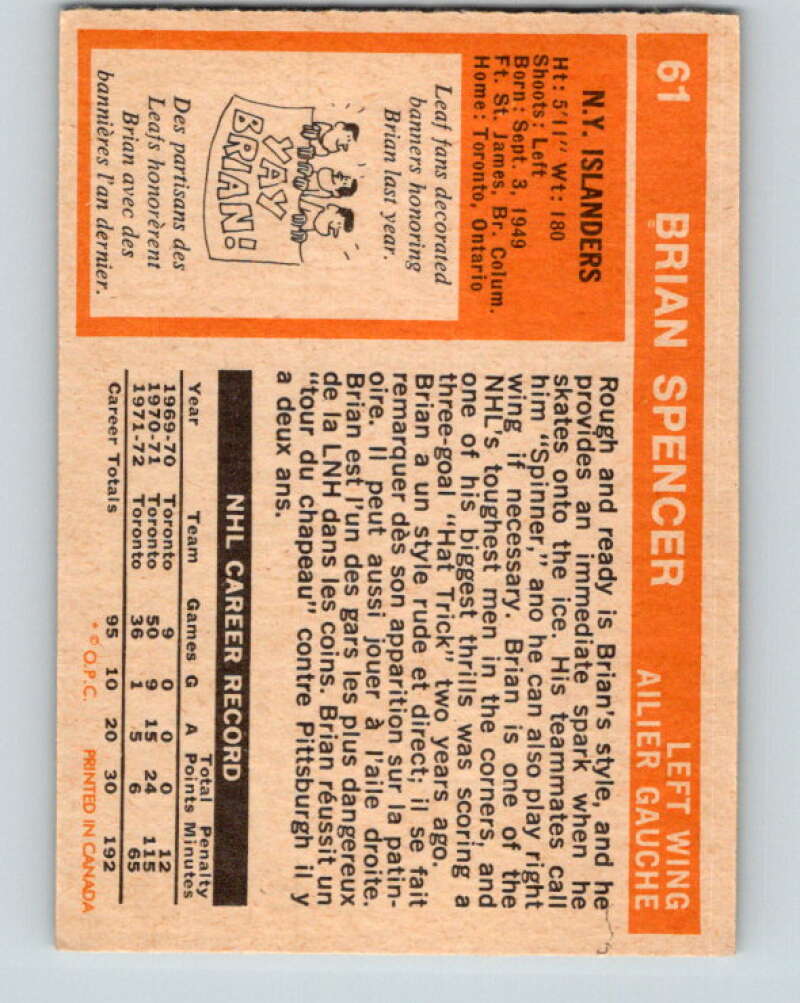 1972-73 O-Pee-Chee #61 Brian Spencer  New York Islanders  V3522