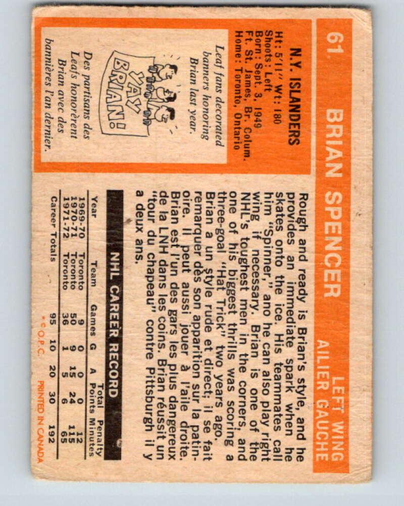 1972-73 O-Pee-Chee #61 Brian Spencer  New York Islanders  V3523