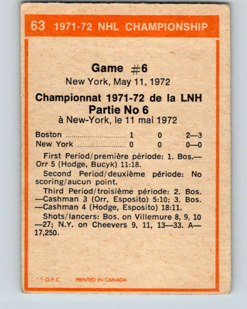 1972-73 O-Pee-Chee #63 Playoff Games 6  Boston Bruins/New York Rangers  V3529