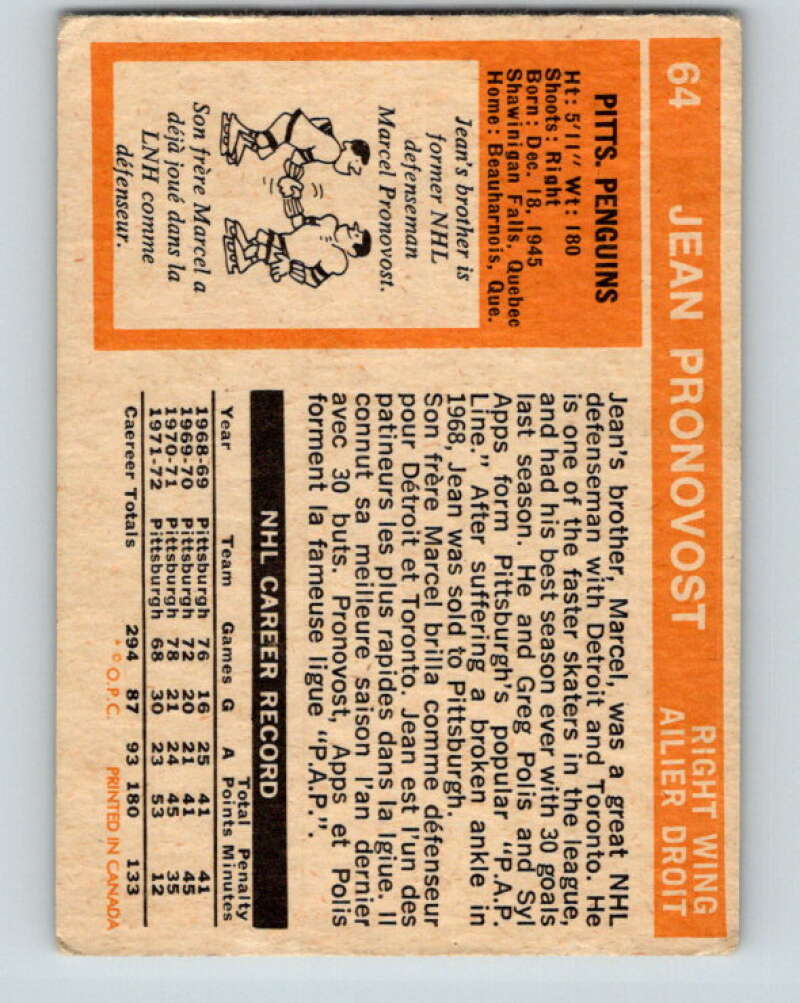 1972-73 O-Pee-Chee #64 Jean Pronovost  Pittsburgh Penguins  V3531