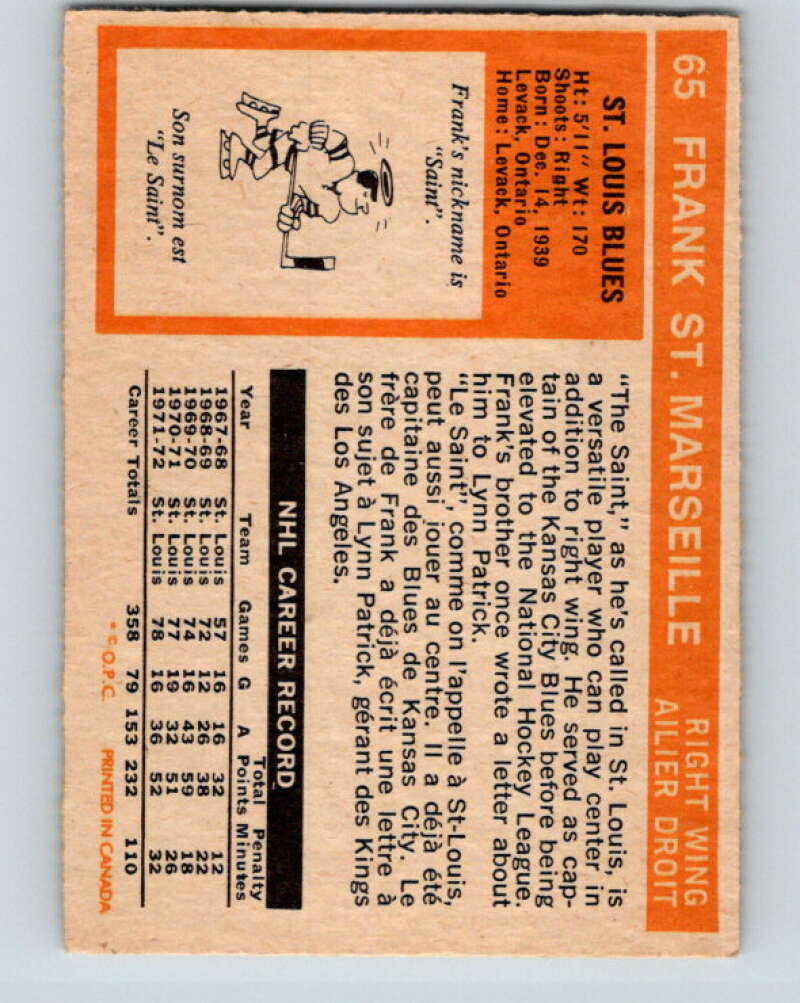 1972-73 O-Pee-Chee #65 Frank St. Marseille  St. Louis Blues  V3533
