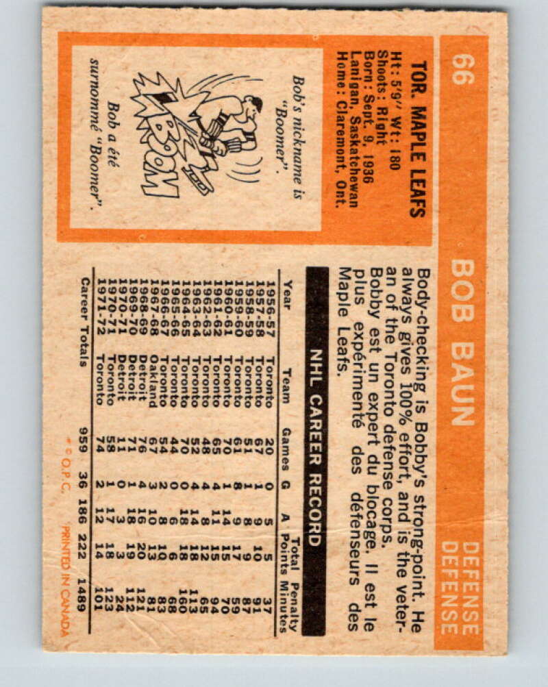 1972-73 O-Pee-Chee #66 Bob Baun  Toronto Maple Leafs  V3537