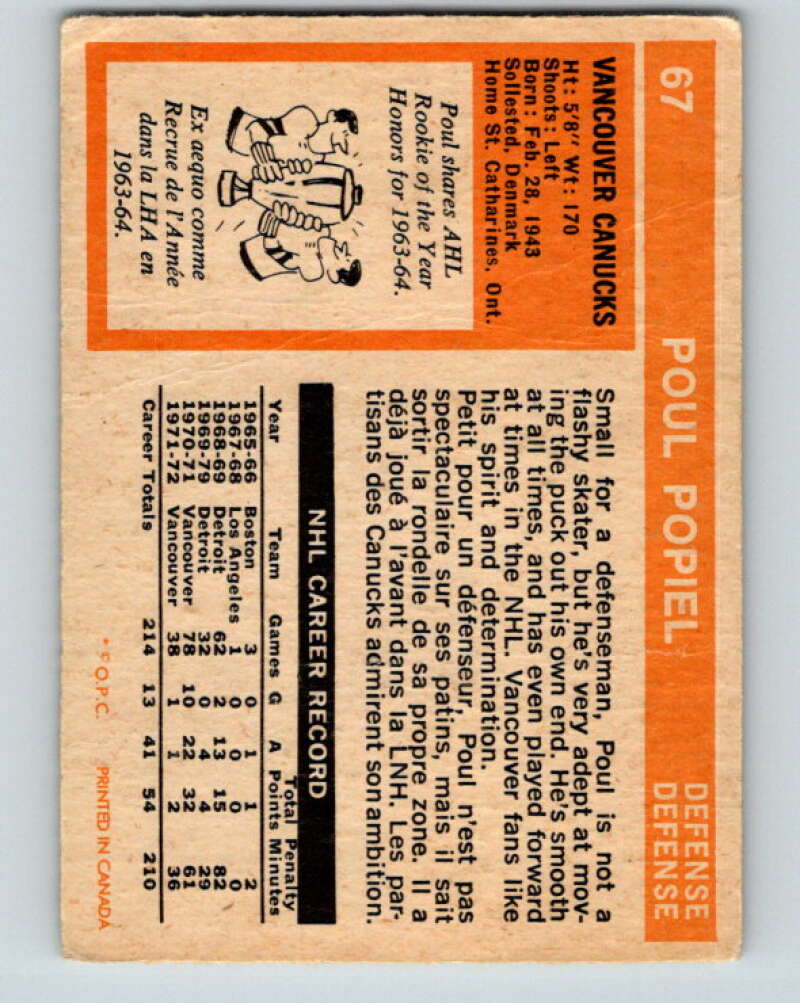 1972-73 O-Pee-Chee #67 Poul Popiel  Vancouver Canucks  V3544