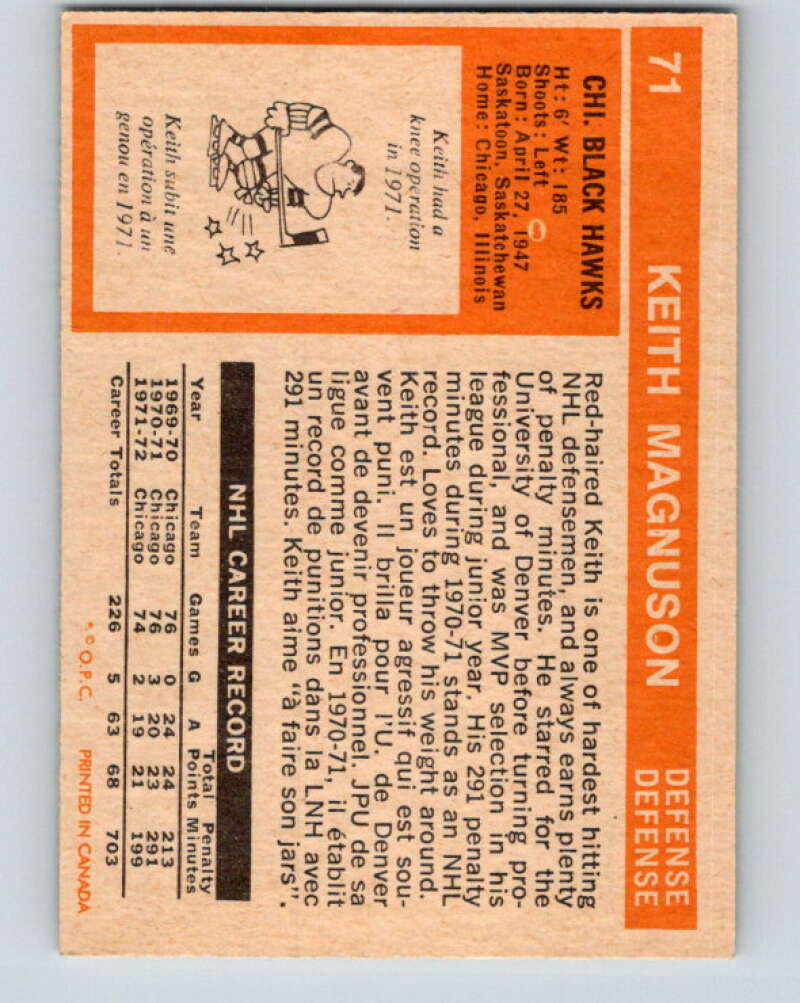 1972-73 O-Pee-Chee #71 Keith Magnuson  Chicago Blackhawks  V3569