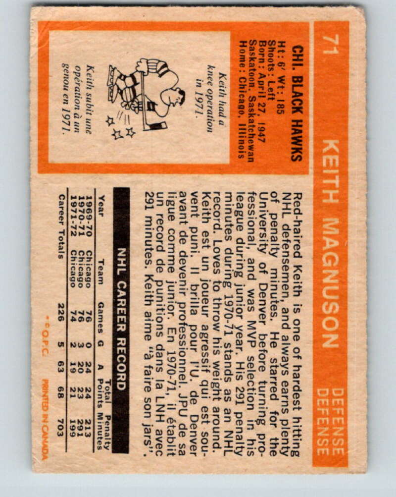 1972-73 O-Pee-Chee #71 Keith Magnuson  Chicago Blackhawks  V3570