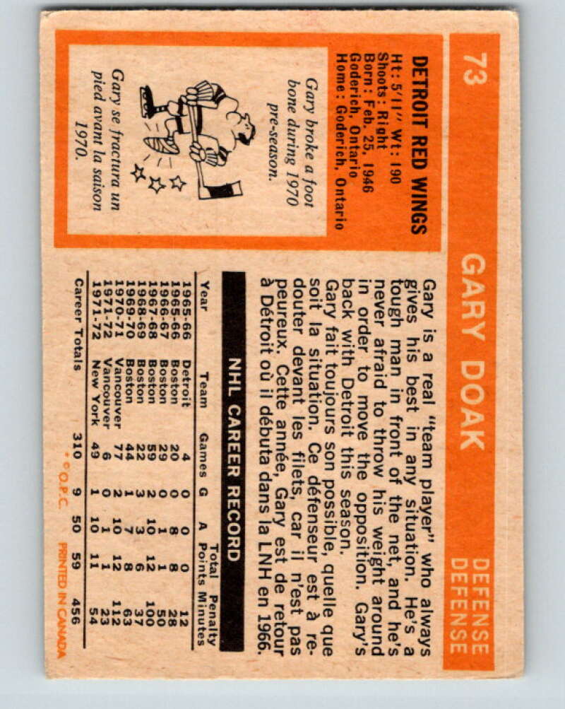 1972-73 O-Pee-Chee #73 Gary Doak  Detroit Red Wings  V3578