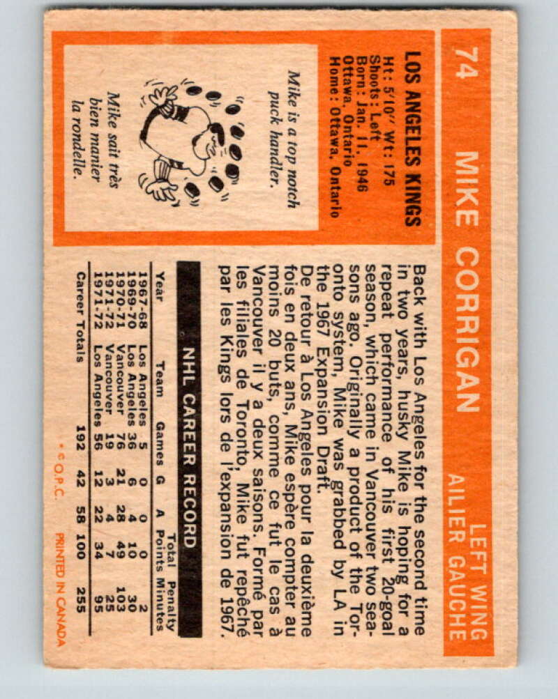 1972-73 O-Pee-Chee #74 Mike Corrigan  Los Angeles Kings  V3584