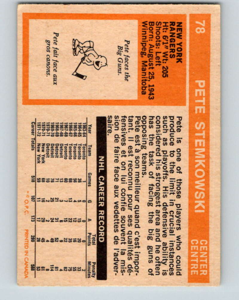 1972-73 O-Pee-Chee #78 Pete Stemkowski  New York Rangers  V3617