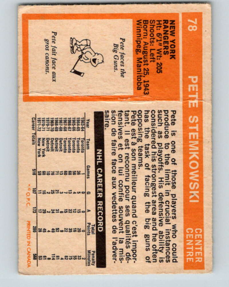 1972-73 O-Pee-Chee #78 Pete Stemkowski  New York Rangers  V3618