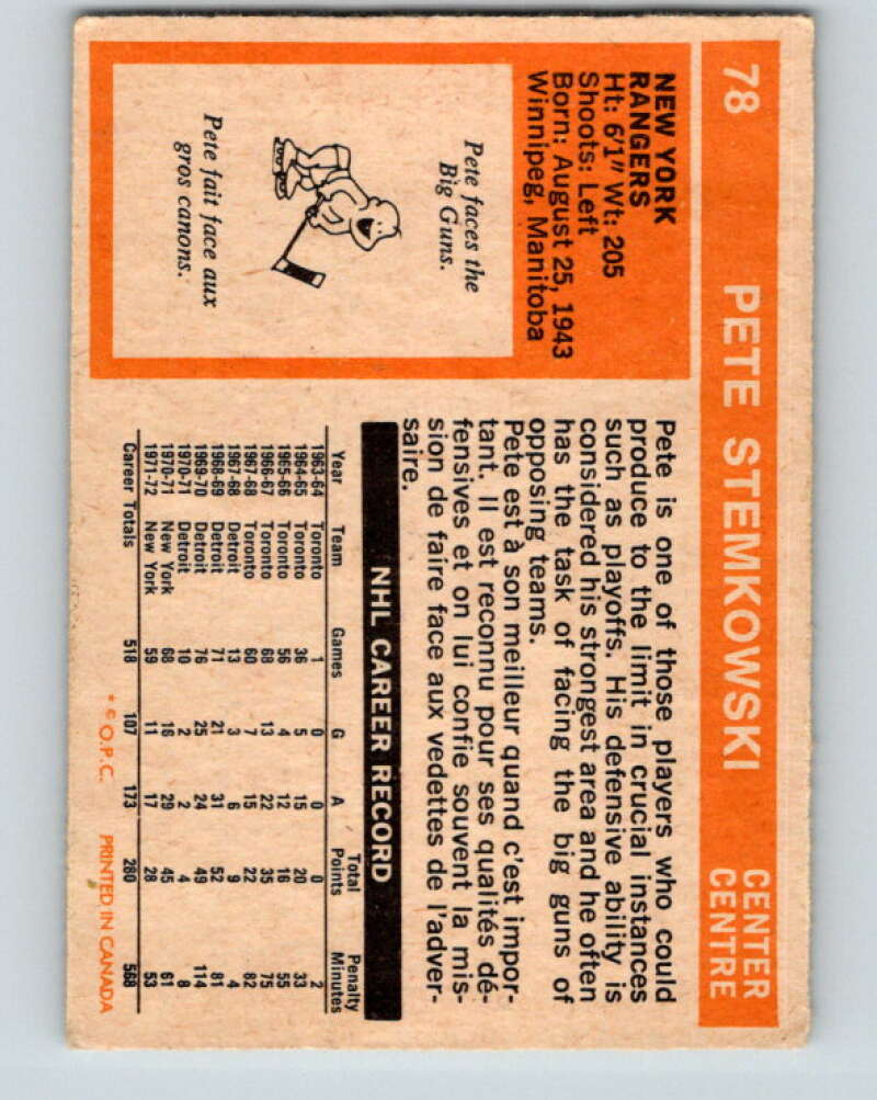 1972-73 O-Pee-Chee #78 Pete Stemkowski  New York Rangers  V3620