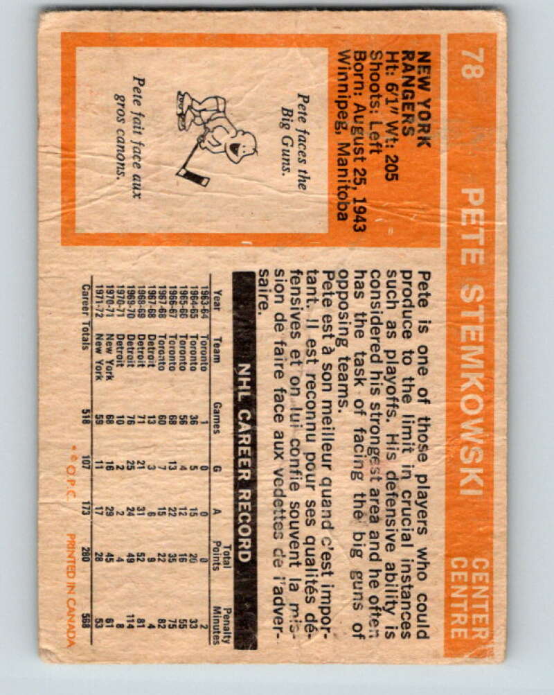 1972-73 O-Pee-Chee #78 Pete Stemkowski  New York Rangers  V3621