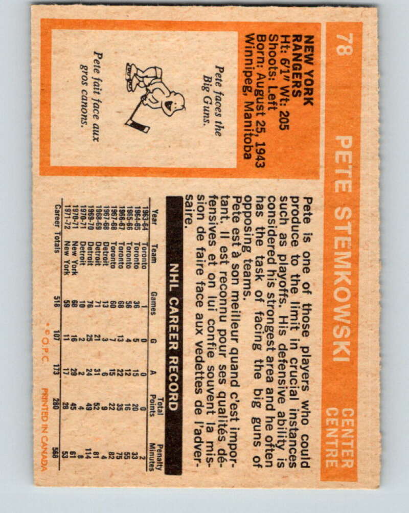 1972-73 O-Pee-Chee #78 Pete Stemkowski  New York Rangers  V3623