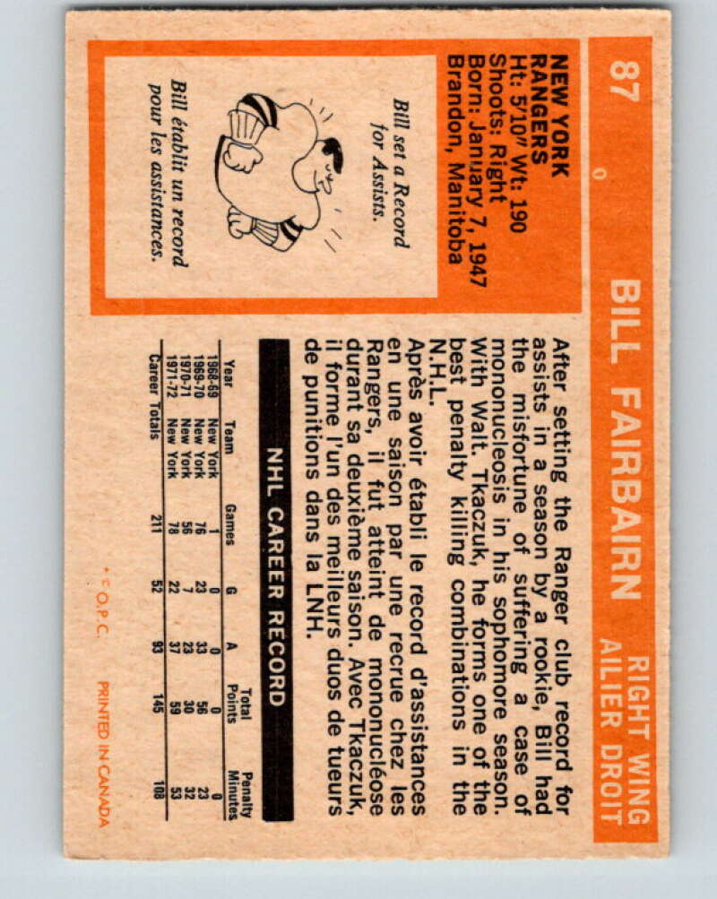 1972-73 O-Pee-Chee #87 Bill Fairbairn  New York Rangers  V3668