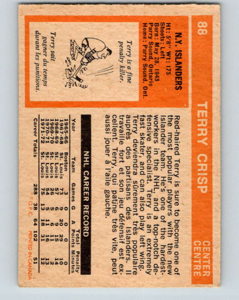 1972-73 O-Pee-Chee #88 Terry Crisp  New York Islanders  V3672