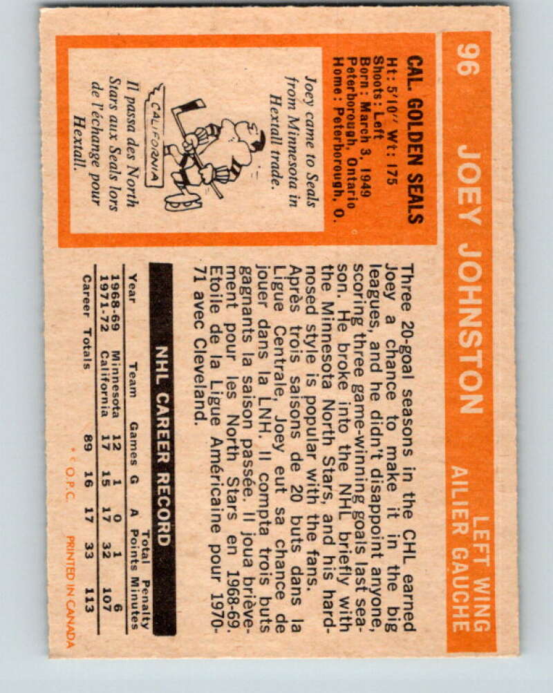 1972-73 O-Pee-Chee #96 Joey Johnston  California Golden Seals  V3703