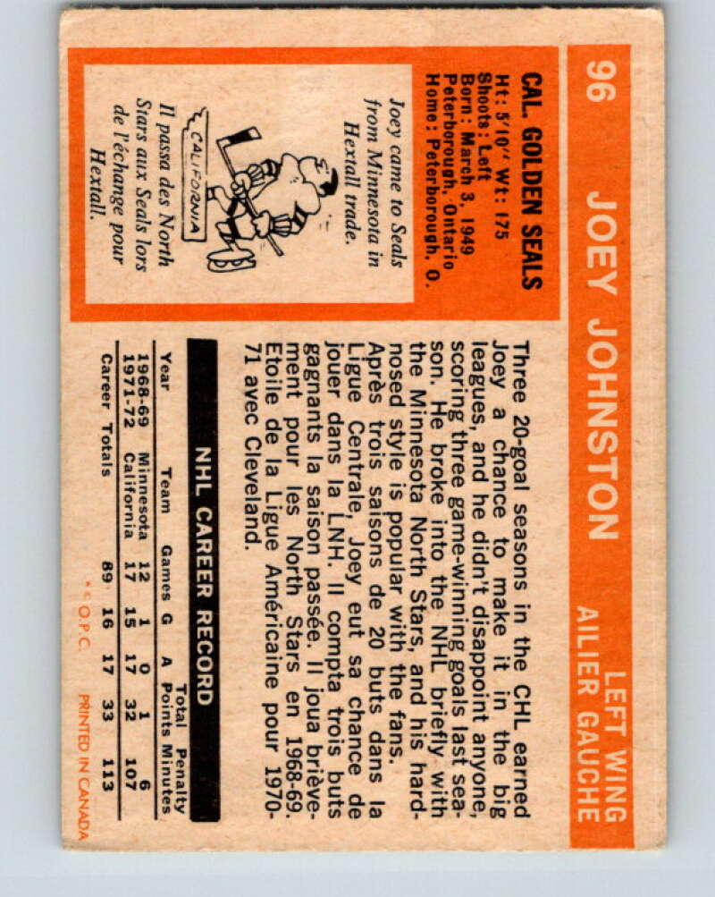 1972-73 O-Pee-Chee #96 Joey Johnston  California Golden Seals  V3705