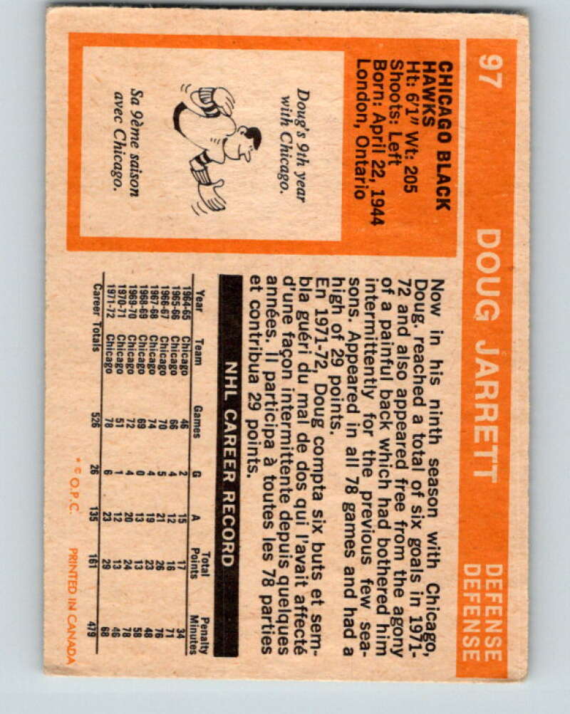 1972-73 O-Pee-Chee #97 Doug Jarrett  Chicago Blackhawks  V3707