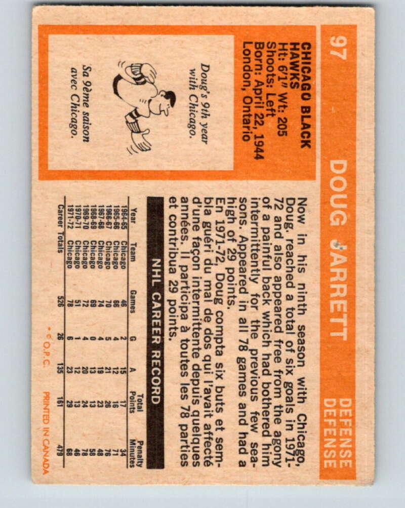 1972-73 O-Pee-Chee #97 Doug Jarrett  Chicago Blackhawks  V3708