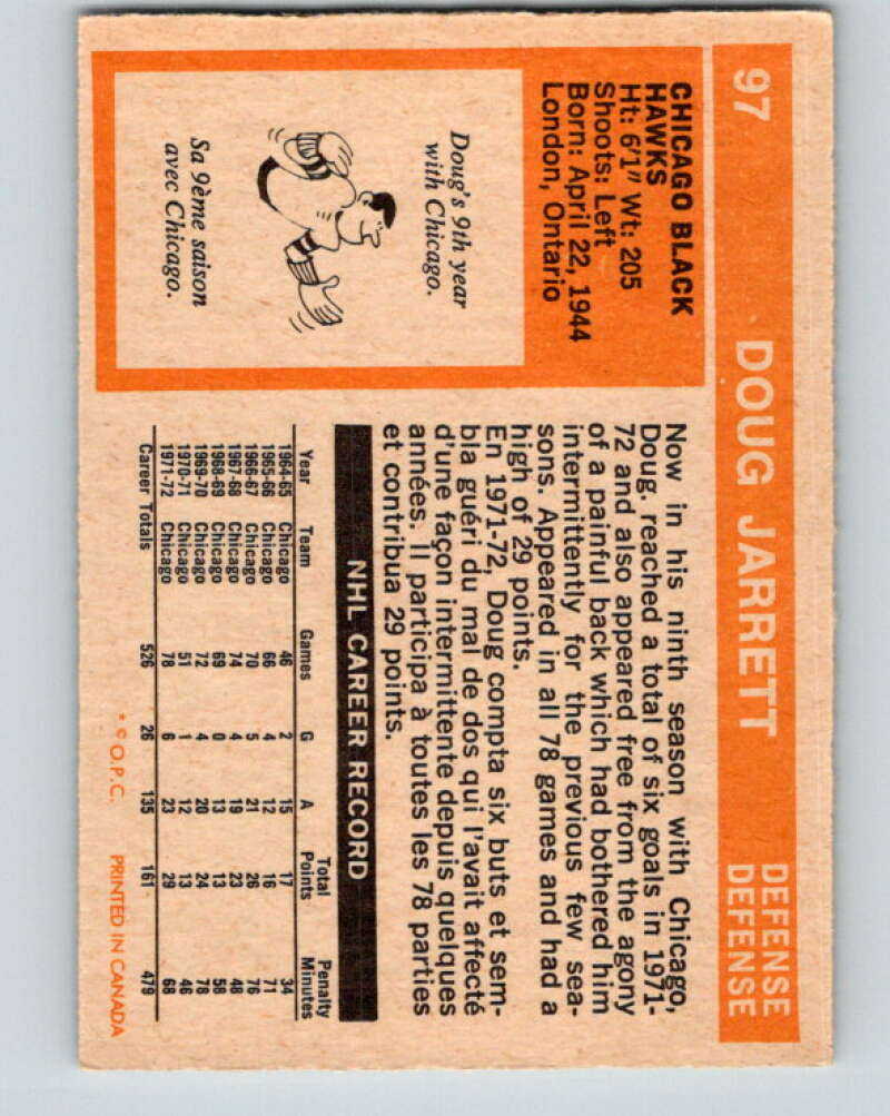 1972-73 O-Pee-Chee #97 Doug Jarrett  Chicago Blackhawks  V3713