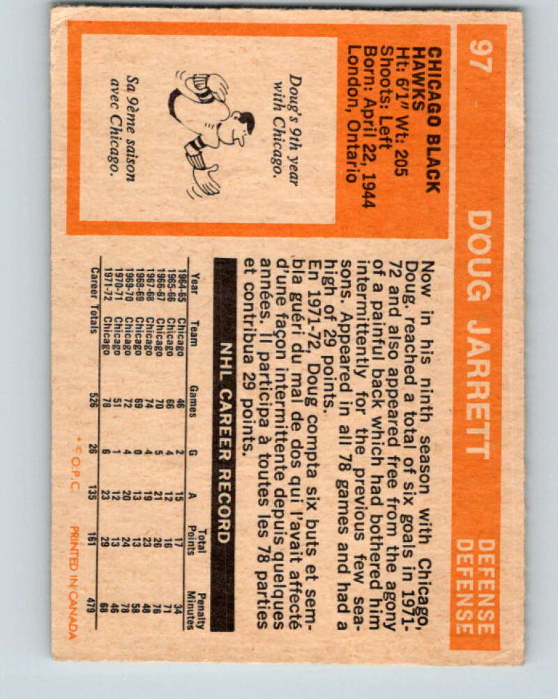 1972-73 O-Pee-Chee #97 Doug Jarrett  Chicago Blackhawks  V3714