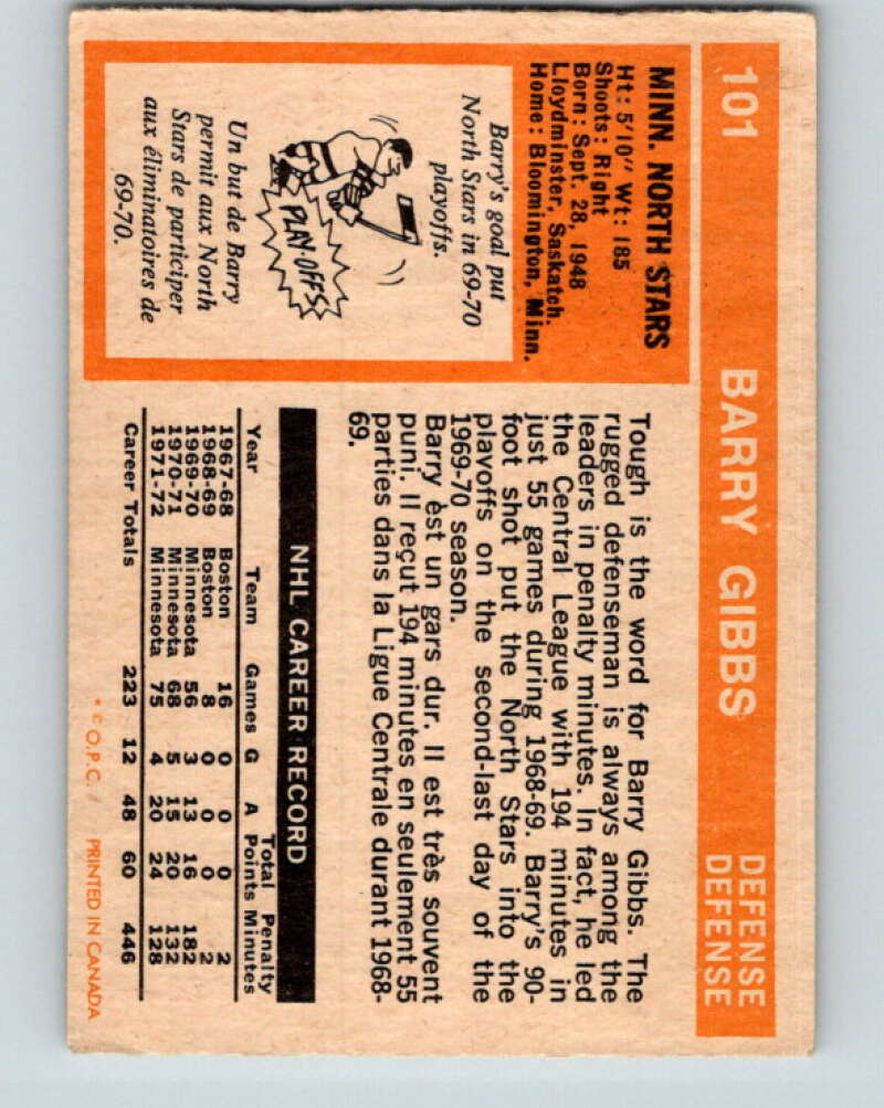 1972-73 O-Pee-Chee #101 Barry Gibbs  RC Rookie Minnesota North Stars  V3739