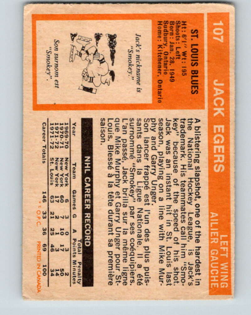 1972-73 O-Pee-Chee #107 Jack Egers  RC Rookie St. Louis Blues  V3767