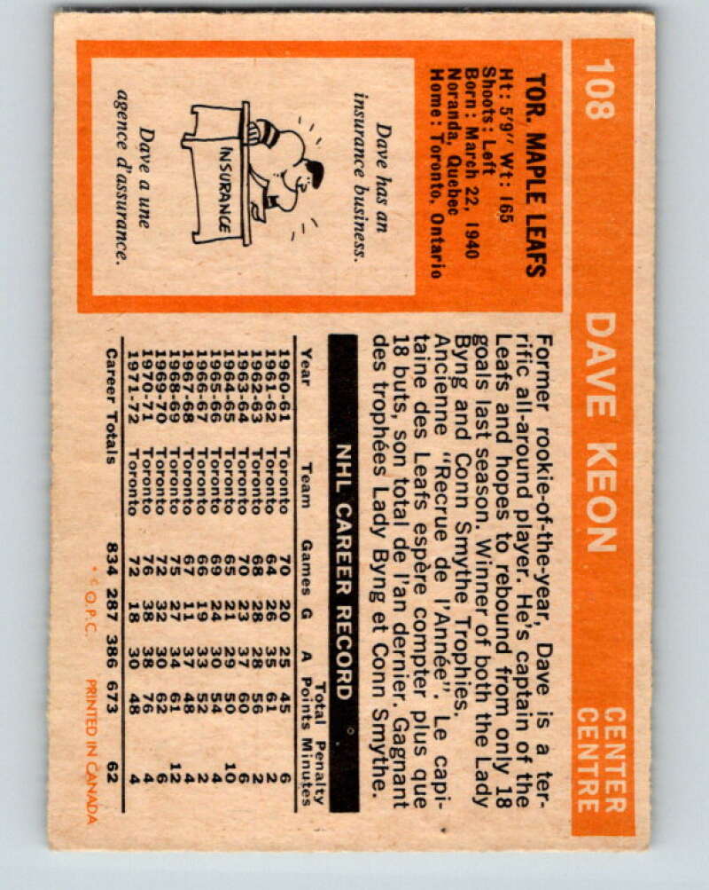 1972-73 O-Pee-Chee #108 Dave Keon  Toronto Maple Leafs  V3774