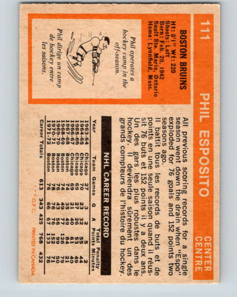1972-73 O-Pee-Chee #111 Phil Esposito  Boston Bruins  V3786