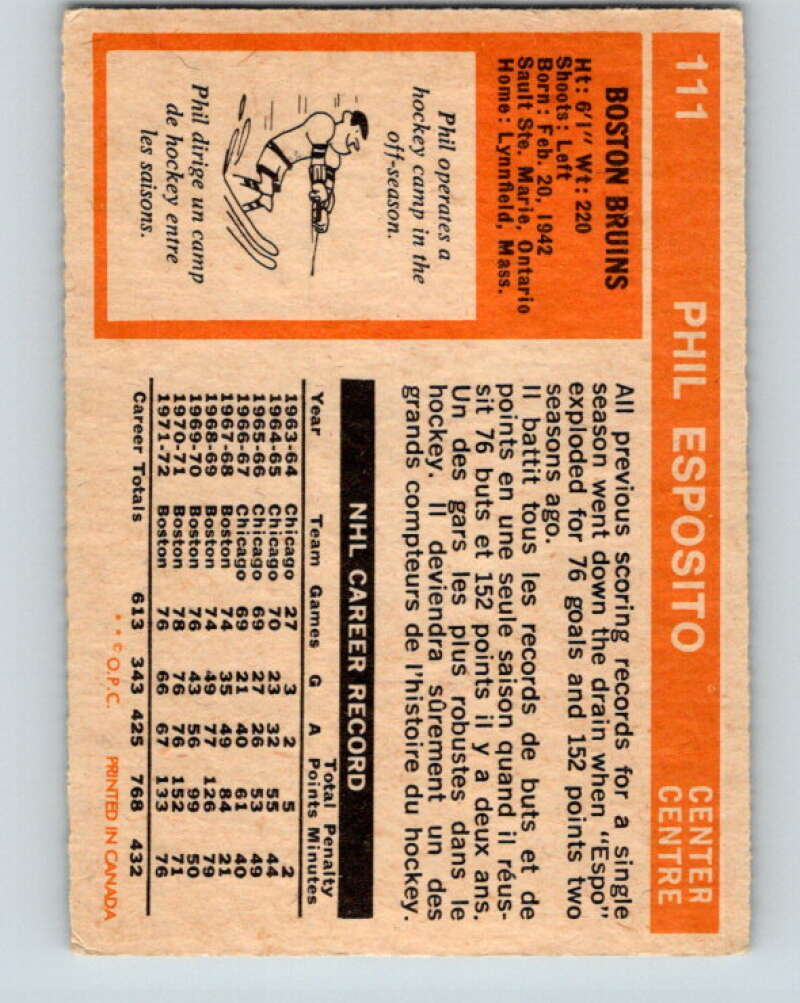 1972-73 O-Pee-Chee #111 Phil Esposito  Boston Bruins  V3787