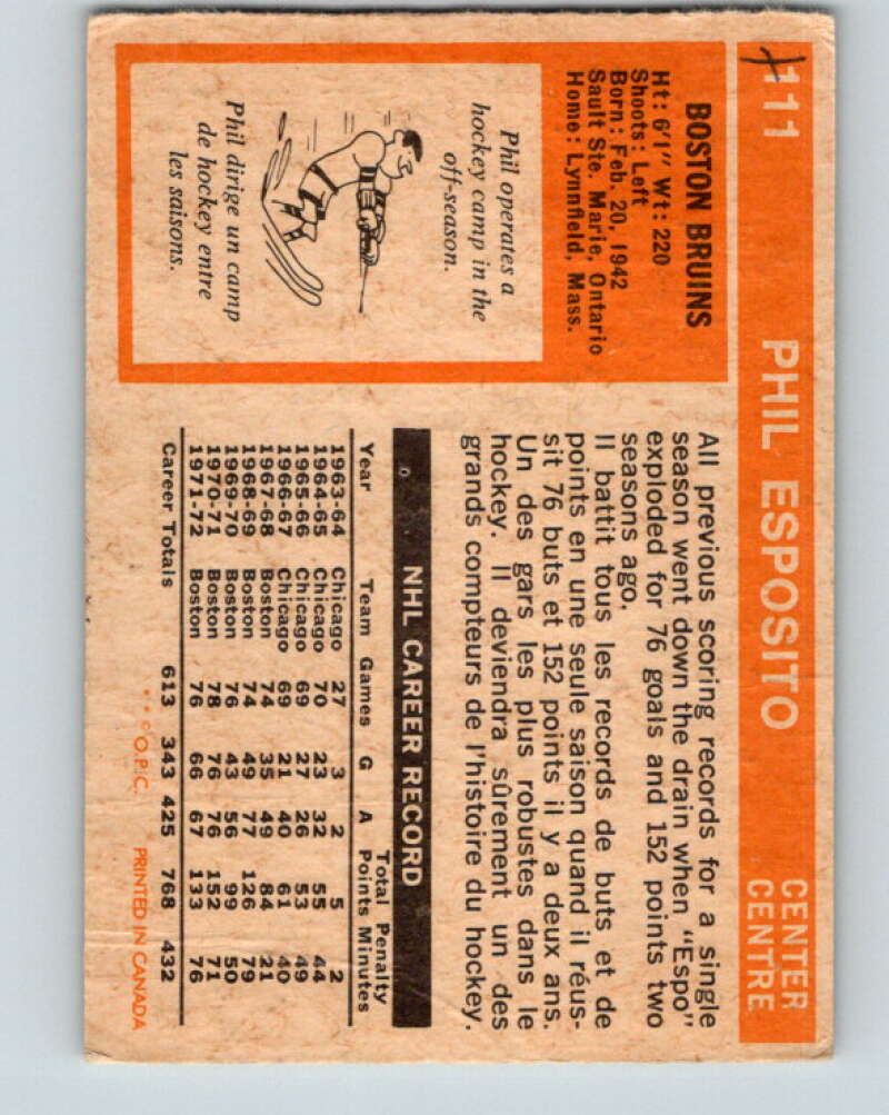 1972-73 O-Pee-Chee #111 Phil Esposito  Boston Bruins  V3788